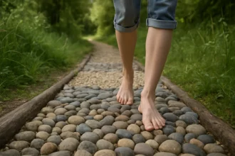 Osoba kráčajúca po Kneippovom chodníku na prírodnom podklade.