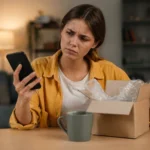 Žena s mobilom a rozbalenou krabicou, uvažujúca o bezplatnej objednávke.