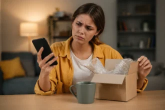 Žena s mobilom a rozbalenou krabicou, uvažujúca o bezplatnej objednávke.