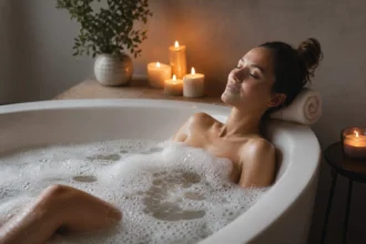 Žena relaxuje v teplom kúpeľi s bublinkami a sviečkami.