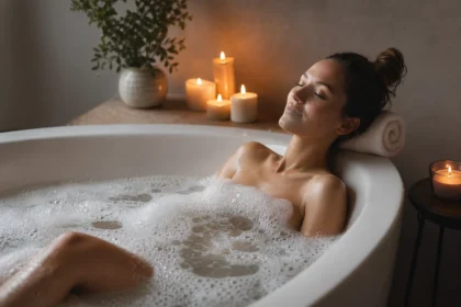 Žena relaxuje v teplom kúpeľi s bublinkami a sviečkami.