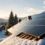 Solárne panely na streche pokrytej snehom v zime.