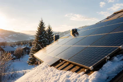 Solárne panely na streche pokrytej snehom v zime.