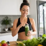 Žena s pohárom zeleného smoothie v moderne zariadenej kuchyni.