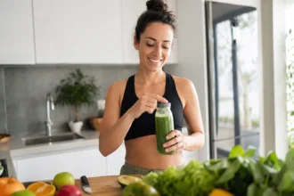 Žena s pohárom zeleného smoothie v moderne zariadenej kuchyni.