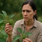 Žena skúma rastlinu ľuľkovca zlomocného v prírode.