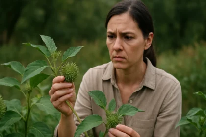 Žena skúma rastlinu ľuľkovca zlomocného v prírode.