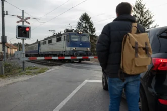 Osoba čaká pred železničnými závorami a prichádza vlak.