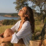 Žena relaxuje pri vode a vychutnáva slnečné svetlo