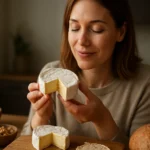 Žena skúša syry Camembert, šťavnatý francúzsky syr.