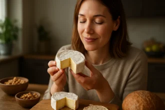 Žena skúša syry Camembert, šťavnatý francúzsky syr.