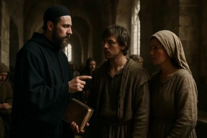 Diskusia medzi mnichom a dvoma stredovekými obyvateľmi v kostole.