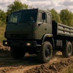 Off-road truck with six-wheel drive navigating rough terrain