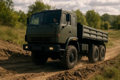 Off-road truck with six-wheel drive navigating rough terrain