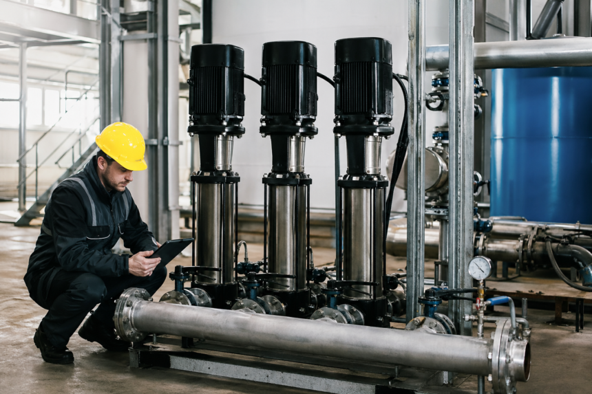 Technik kontroluje viacstupňové čerpadlo v priemyselnom prostredí.