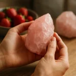 Žena drží jahodový kremeň v ruke s miskou jahôd v pozadí.