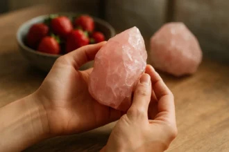 Žena drží jahodový kremeň v ruke s miskou jahôd v pozadí.