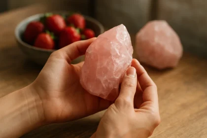 Žena drží jahodový kremeň v ruke s miskou jahôd v pozadí.