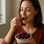 Žena si užíva višne z misky, bohaté na antioxidanty a vitamíny.