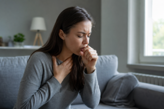 Žena trpiaca kašľom a ťažkosťami s dýchaním v interiéri.