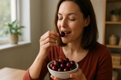 Žena si užíva višne z misky, bohaté na antioxidanty a vitamíny.