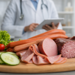 Zelenina a spracované mäso na doske, lekár monitoruje zdravie.