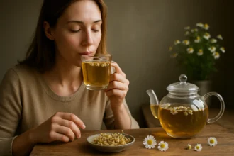 Žena vychutnávajúca harmančekový čaj z pohára s bylinami na stole.