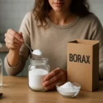 Žena odmeriavá bórax a jedlú sódu na čistenie v domácnosti.