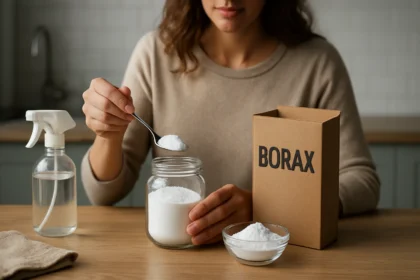 Žena odmeriavá bórax a jedlú sódu na čistenie v domácnosti.