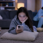 Mladá dievčina sleduje mobil v temnej miestnosti, priatelia sa smejú.