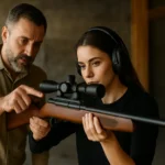 Žena s CO2 vzduchovkou a inštruktorom v strelnici