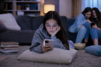 Mladá dievčina sleduje mobil v temnej miestnosti, priatelia sa smejú.