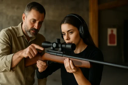 Žena s CO2 vzduchovkou a inštruktorom v strelnici