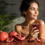 Žena s granátovým jablkom a šťavou na pleť a zdravie