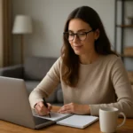 Žena pracujúca z domu pri počítači s poznámkovým blokom.