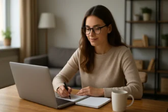 Žena pracujúca z domu pri počítači s poznámkovým blokom.