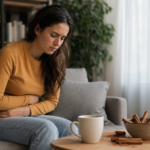 Žena so žalúdočnými ťažkosťami vedľa škorice a šálky čaju