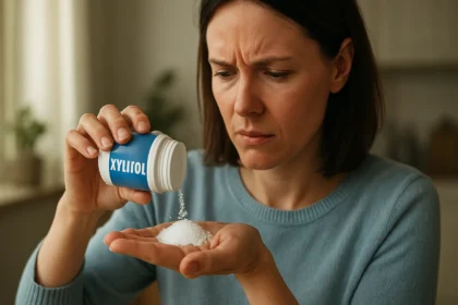 Žena sa zamýšľa nad nadmerným užívaním xylitolu ako sladidla.
