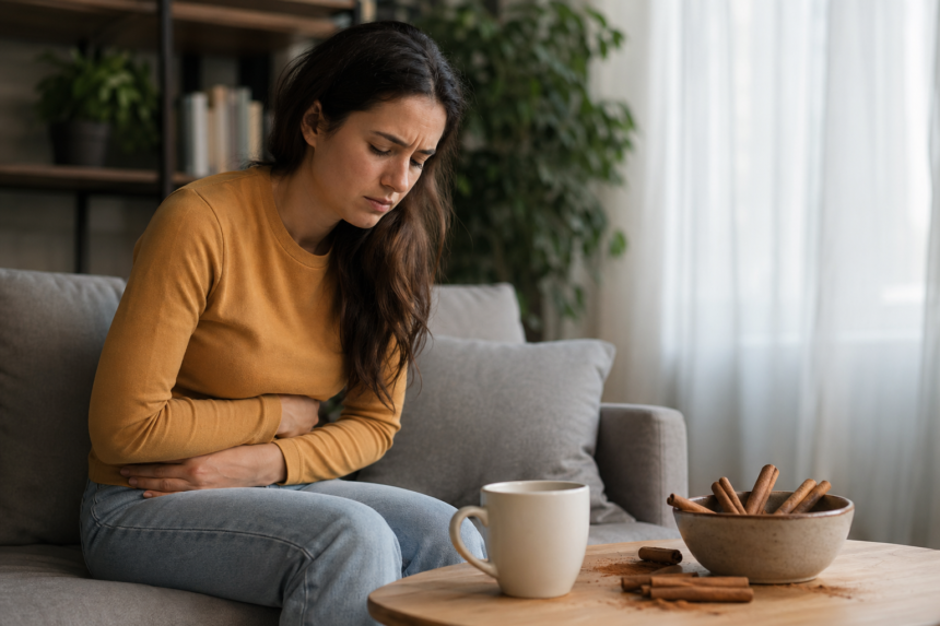 Žena so žalúdočnými ťažkosťami vedľa škorice a šálky čaju