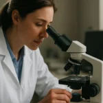 Žena skúma vzorku pod mikroskopom v laboratóriu.