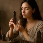 Žena meditujúca s dymovým kremeňom na stole, obklopená kamene.