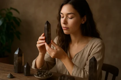 Žena meditujúca s dymovým kremeňom na stole, obklopená kamene.