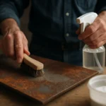 Osoba čistí povrch kovu s pomocou kefy a spreja.