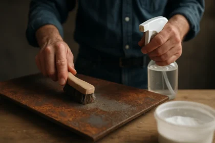 Osoba čistí povrch kovu s pomocou kefy a spreja.