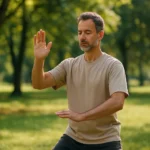 Muž cvičiaci Chi Kung v prírode