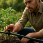 Záhradník inštaluje kvapkovú huba pri rastline rajčiny.
