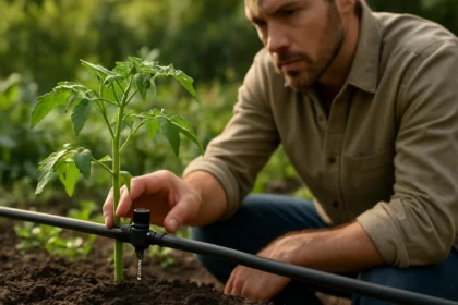 Záhradník inštaluje kvapkovú huba pri rastline rajčiny.