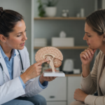 Lekárka ukazuje model hypofýzy pacientke.