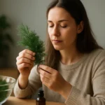 Žena skúma kôpor na liečebné účely v domácom prostredí.