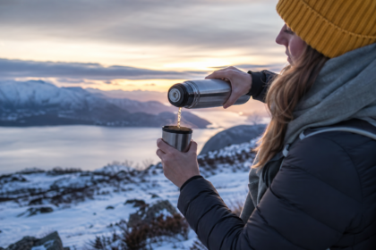 Žena nalievajúca horúci nápoj z termosky na horskej vyhliadke